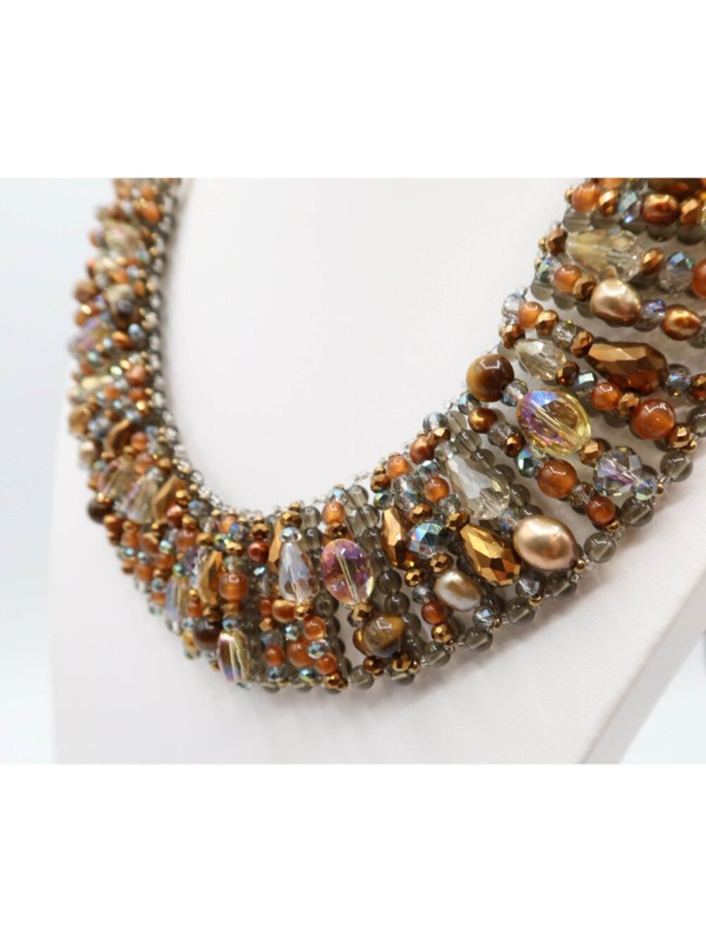 TALBOTS Caramel & Smoky Grey/Blue Beaded Collar Statement Necklace - Picture 4 of 7